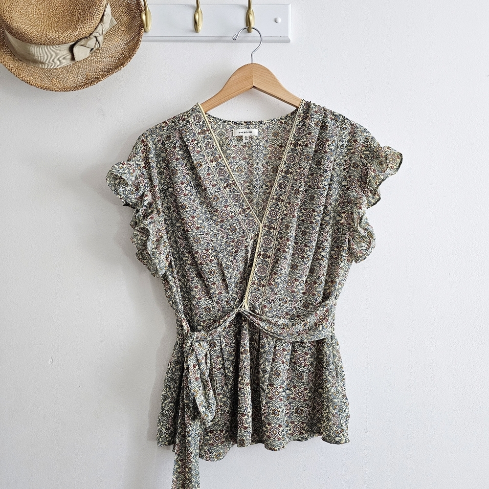 Max Studio Floral Wrap Blouse Boho Top Ruffle Sleeve Peplum Tie Waist – Size M